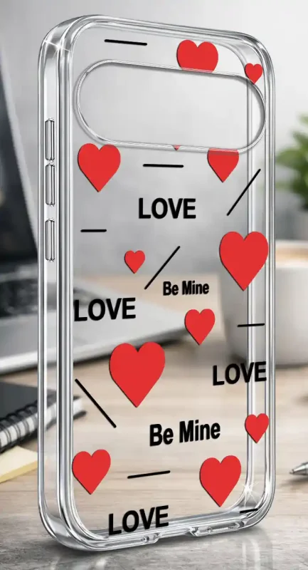 Przezroczyste etui do Google Pixel 11 Pro z walentynkowym wzorem serc oraz napisami LOVE i Be Mine
