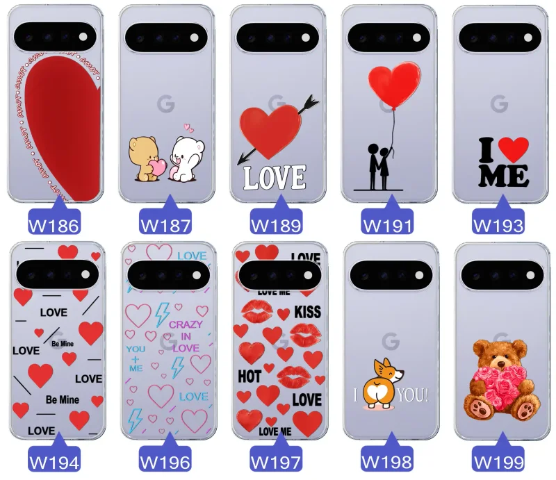 Kolekcja wzorów walentynkowych na case do Google Pixel 11 Pro: kolorowe serca, napisy love, kwiaty, misie, pies
