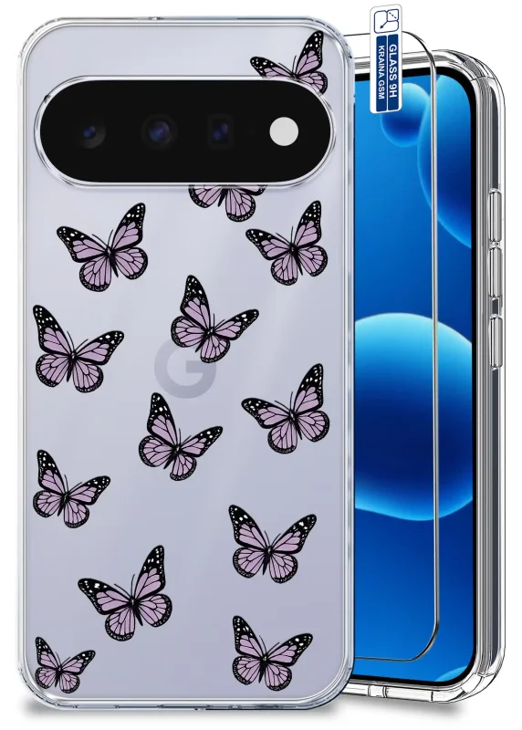 Przezroczyste etui wiosenne do Google Pixel 11 Pro z fioletowymi motylami oraz szkłem hartowanym 9H