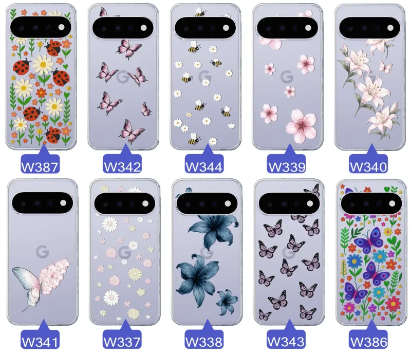 Kolekcja etui wiosennych Google Pixel 11 Pro: różnorodne wzory kwiatki, motylki, pszczółki, biedronki na przezroczystym case