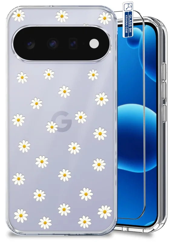 Przezroczyste etui do Google Pixel 11 Pro z modnym wzorem stokrotek oraz szkłem hartowanym 9H w zestawie