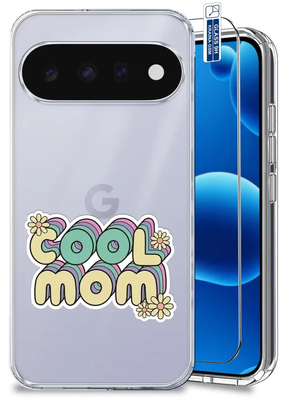 Przezroczyste etui dla Mamy do Google Pixel 11 Pro z napisem Cool Mom oraz szkłem hartowanym 9H w zestawie