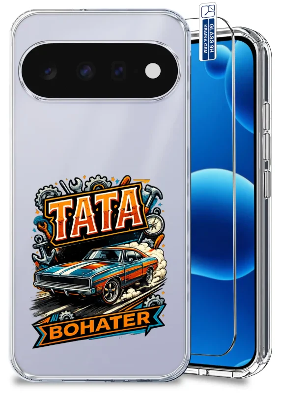 Przezroczyste etui dla Taty do Google Pixel 11 Pro z napisem Tata Bohater, motywem samochodu i szkłem hartowanym 9H w zestawie