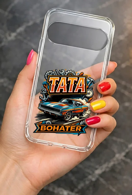 Przezroczyste etui do Google Pixel 11 Pro dla Taty z napisem Tata Bohater oraz motywem samochodu, korony i narzędzi
