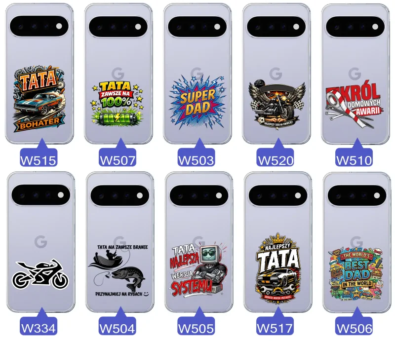 Kolekcja wzorów dla Taty i na Dzień Ojca do Google Pixel 11 Pro:  kolorowe grafiki i napisy Super Tata, Super Dad, Najlepszy Tata Na Świecie i inne