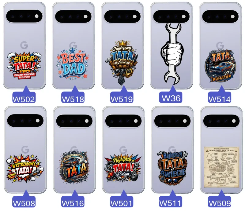 Różne wzory przezroczystych etui dla Taty do Google Pixel 11 Pro z kolorowymi nadrukami i motywami na Dzień Ojca i nie tylko