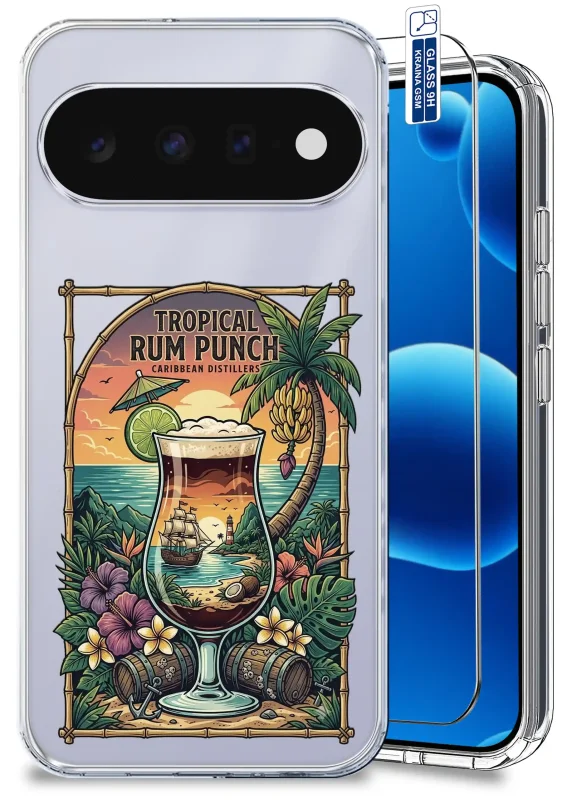 Przezroczyste wakacyjne etui do Google Pixel 11 Pro z motywem koktajlu oraz szkłem hartowanym 9H w zestawie