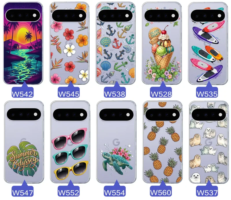 Kolekcja wakacyjnych wzorów etui do Google Pixel 11 Pro: palmy, kwiaty, kotwice, lody, deski surfingowe, ananasy i foki