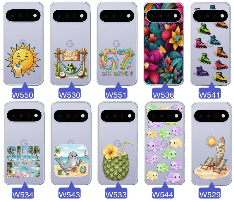 Kolekcja letnich wzorów etui do Google Pixel 11 Pro z motywami słońca, żółwia, six seven, tropikalnych kwiatów, rolek, plaży i kokosa