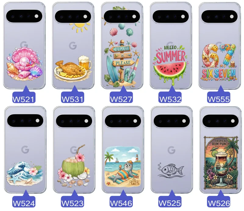 Różne wzory etui wakacyjnych do Google Pixel 11 Pro z grafikami muszelek, ryby, plaży, arbuza, lodów, foki, kokosa i tropikalnego drinka