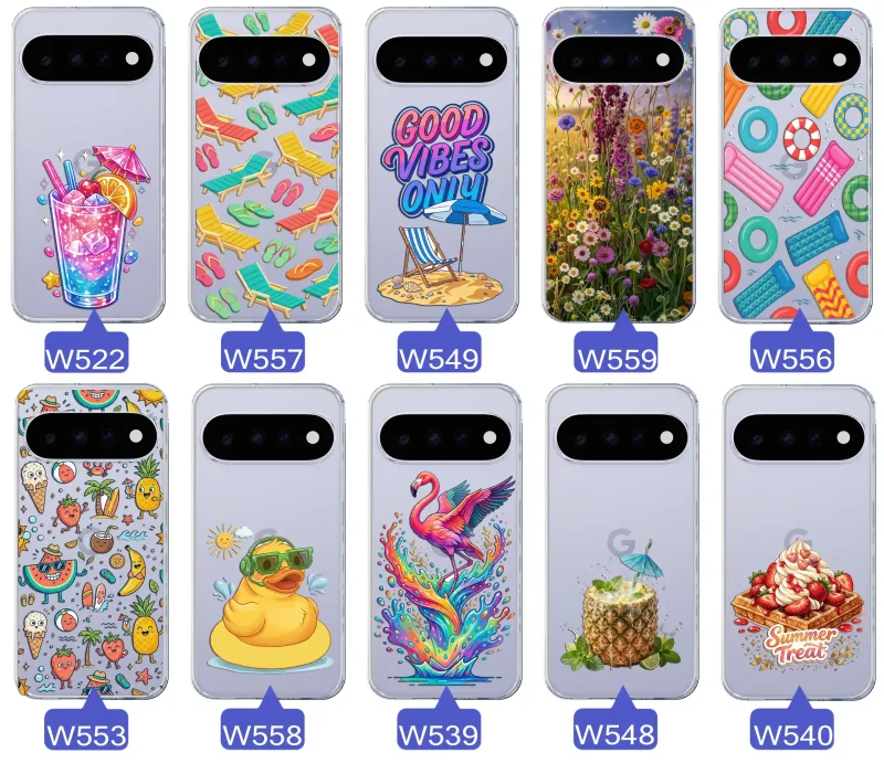 Zestaw przezroczystych etui do Google Pixel 11 Pro z wakacyjnymi motywami drinka, leżaków, napisu good vibes, kwiatów, flaminga, ananasa i deseru