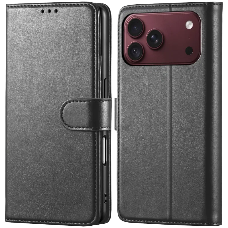 Czarne etui z klapką skórzane do iPhone 17 Pro | 18 Pro z magnetycznym zamknięciem