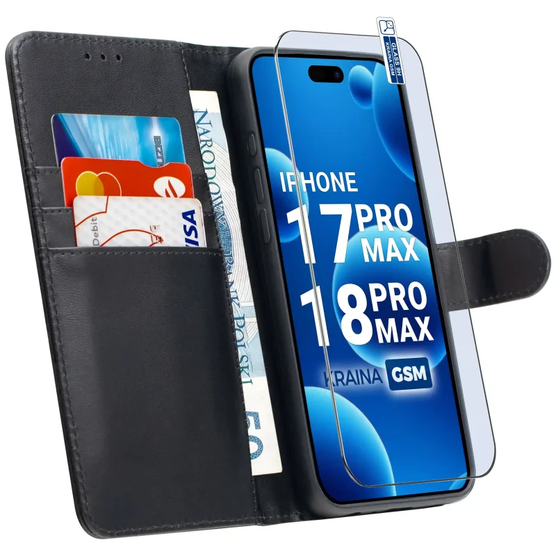Etui skórzane czarne do iPhone 17 Pro Max | 18 Pro Max z kieszonkami na karty, funkcją stojaka i szkłem hartowanym 9H