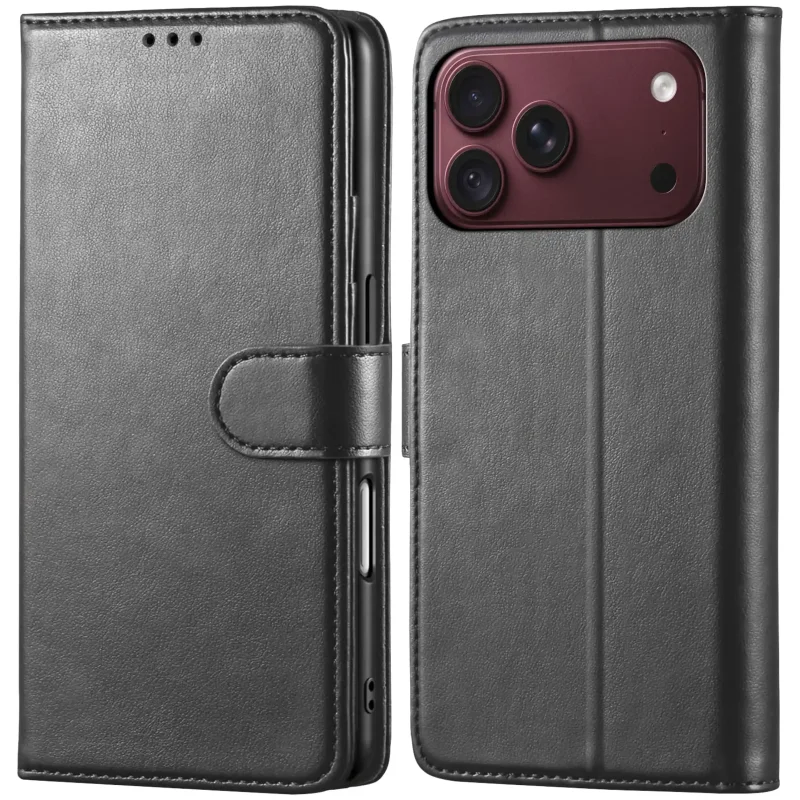 Czarne etui z klapką skórzane do iPhone 17 Pro Max | 18 Pro Max z magnetycznym zamknięciem