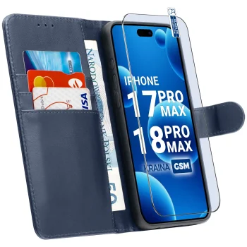 Etui do iPhone 17 Pro Max | 18 Pro Max granatowe magnetyczne z klapką ze szkłem