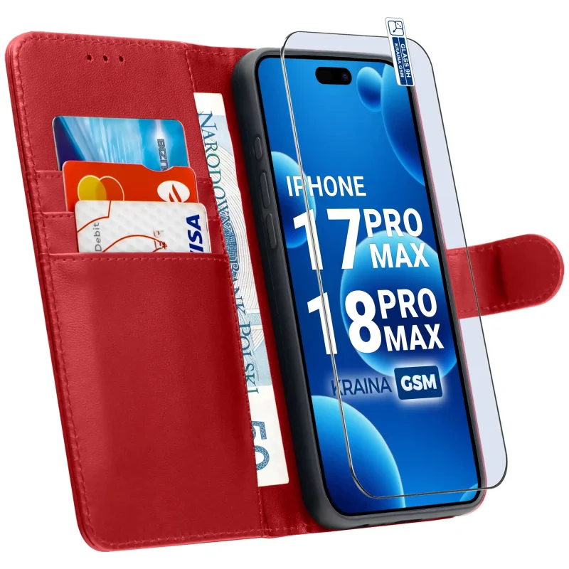 Etui skórzane czerwone do iPhone 17 Pro Max | 18 Pro Max z kieszonkami na karty, funkcją stojaka i szkłem hartowanym 9H