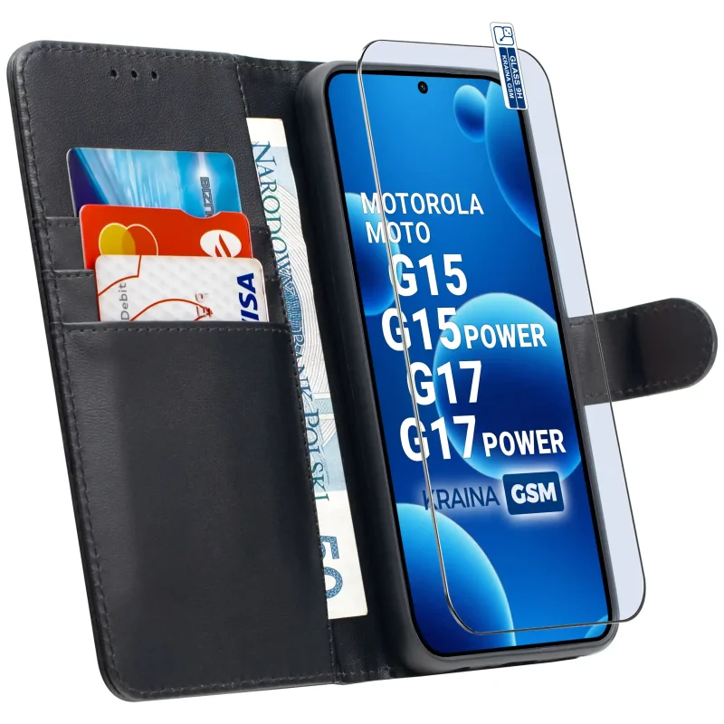 Etui skórzane czarne do Motorola Moto G15 | G17 Power z kieszonkami na karty, funkcją stojaka i szkłem hartowanym 9H