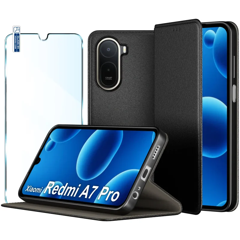Etui z klapką do Xiaomi Redmi A7 Pro w kolorze czarnym ze szkłem hartowanym 9H w zestawie