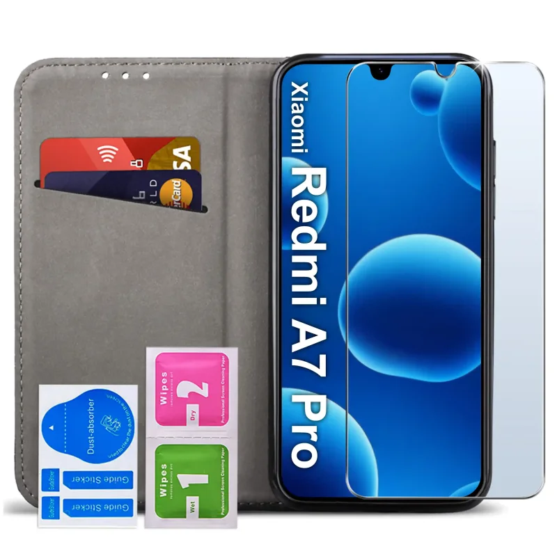 Wnętrze czarne etui do Xiaomi Redmi A7 Pro z kieszonką na karty, szkłem hartowanym 9H oraz akcesoriami do montażu ochrony ekranu