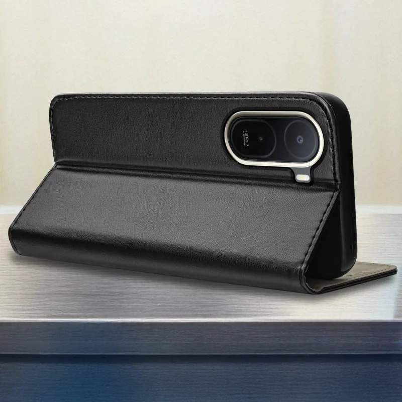 Etui magnetyczne czarne do Xiaomi Redmi A7 Pro w pozycji stojaka, prezentujące możliwość komfortowego korzystania z multimediów bez trzymania telefonu