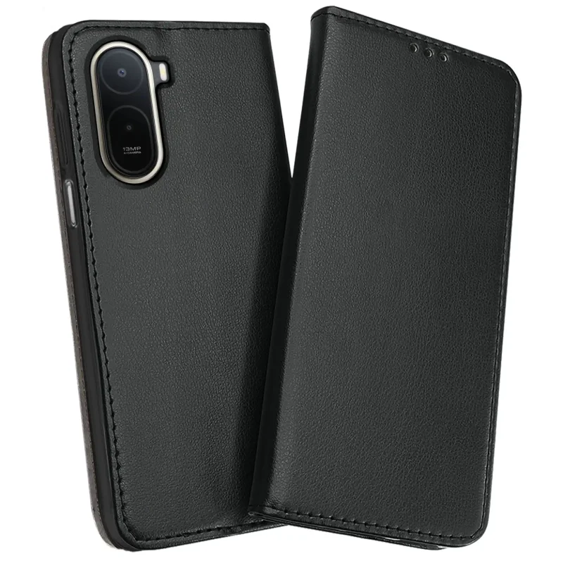 Skórzane etui z klapką do Xiaomi Redmi A7 Pro w kolorze czarnym z ochroną wyspy aparatów, miękkim wnętrzem i magnetycznym zamknięciem