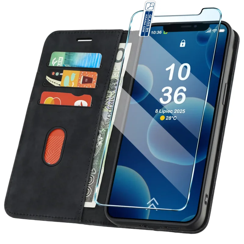 Czarne etui portfelowe Velvet do iPhone 11 z kieszonkami na karty, przegrodą na banknoty i szkłem hartowanym w zestawie