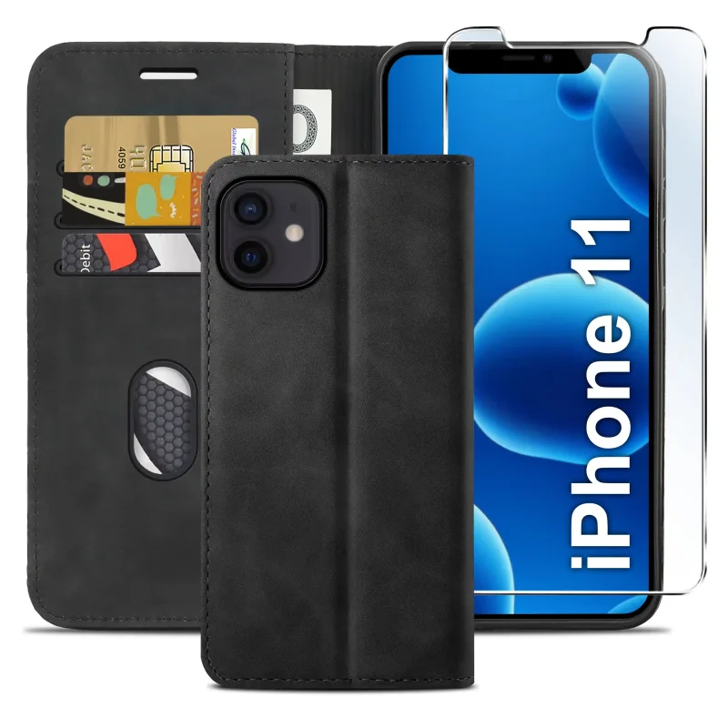 Czarne etui z klapką do iPhone 11 z trzema kieszonkami na karty, przegrodą na banknoty oraz szkłem hartowanym na ekran