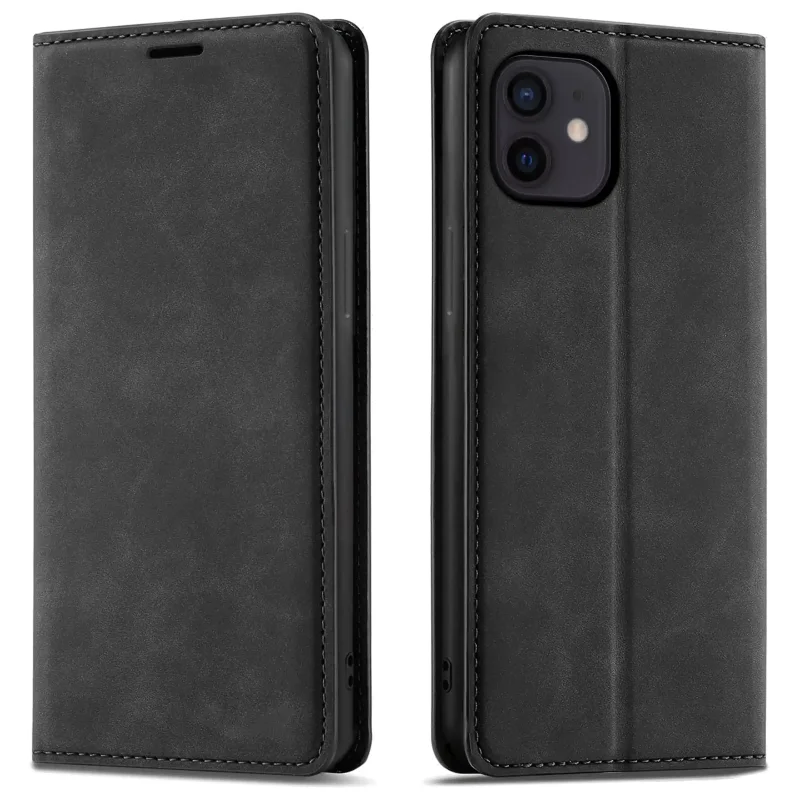 Czarne etui z klapką Velvet do iPhone 11 pokazane z przodu i z tyłu, z wycięciem na aparat oraz zamykaną konstrukcją