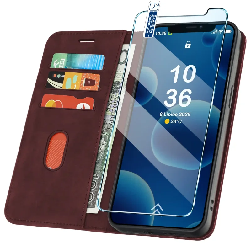 Bordowe etui portfelowe Velvet do iPhone 11 z kieszonkami na karty, przegrodą na banknoty i szkłem hartowanym w zestawie