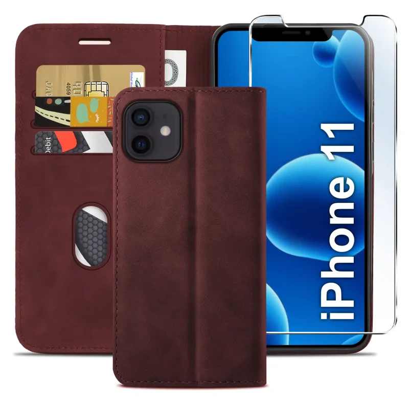 Bordowe etui z klapką do iPhone 11 z trzema kieszonkami na karty, przegrodą na banknoty oraz szkłem hartowanym na ekran