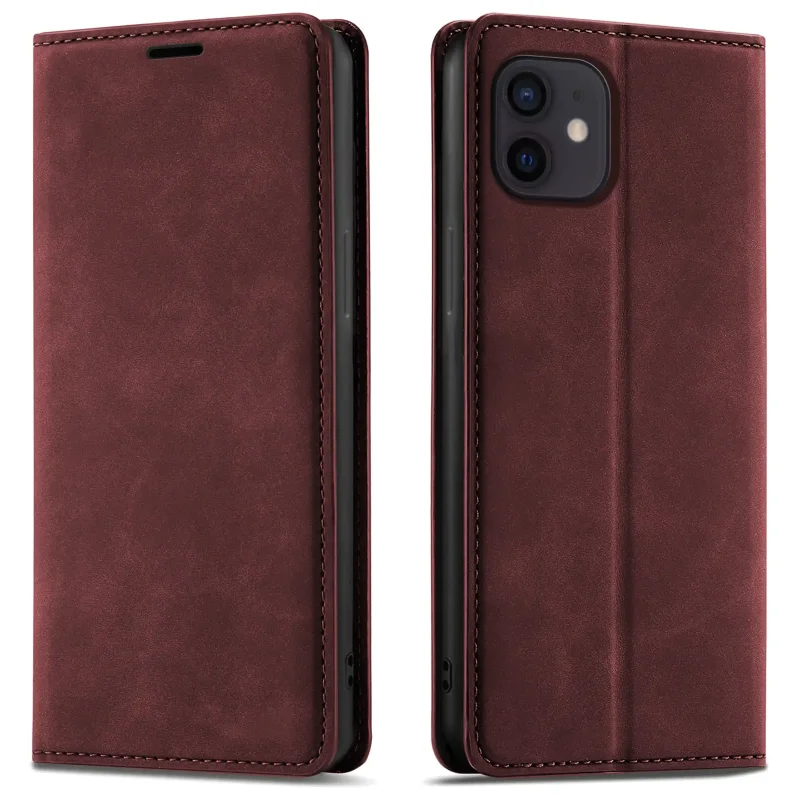 Bordowe etui z klapką Velvet do iPhone 11 pokazane z przodu i z tyłu, z wycięciem na aparat oraz zamykaną konstrukcją