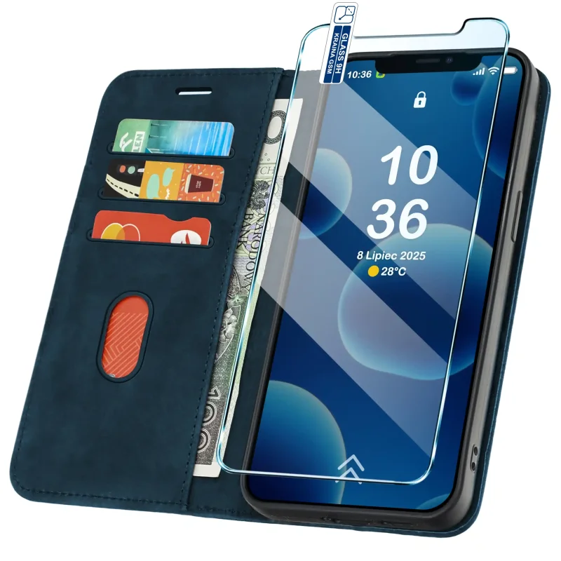 Granatowe etui portfelowe Velvet do iPhone 11 z kieszonkami na karty, przegrodą na banknoty i szkłem hartowanym w zestawie
