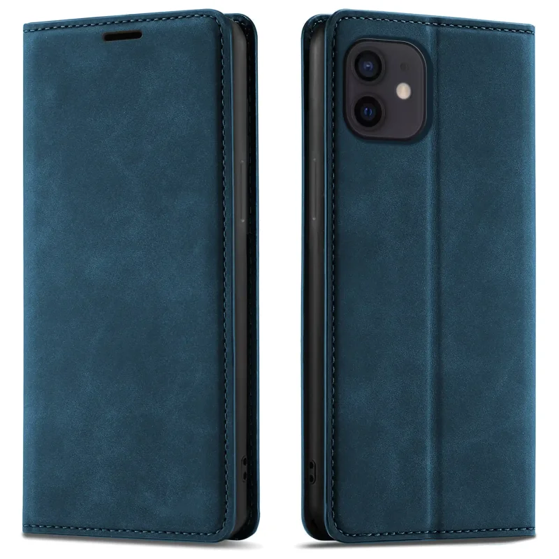 Granatowe etui z klapką Velvet do iPhone 11 pokazane z przodu i z tyłu, z wycięciem na aparat oraz zamykaną konstrukcją