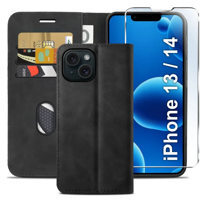 Czarne etui z klapką do iPhone 13 | 14 z trzema kieszonkami na karty, przegrodą na banknoty oraz szkłem hartowanym na ekran