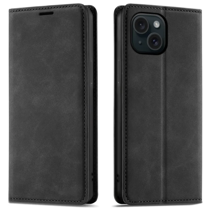 Czarne etui z klapką Velvet do iPhone 13 | 14 pokazane z przodu i z tyłu, z wycięciem na aparat oraz zamykaną konstrukcją