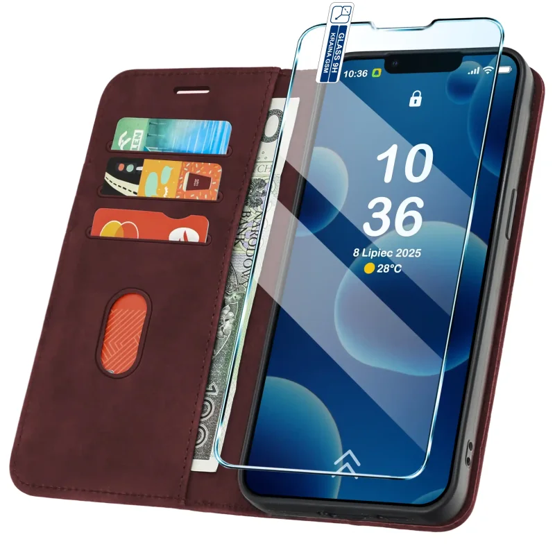 Bordowe etui portfelowe Velvet do iPhone 13 | 14 z kieszonkami na karty, przegrodą na banknoty i szkłem hartowanym w zestawie