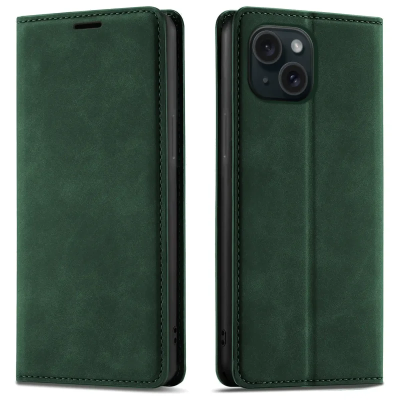 Zielone etui z klapką Velvet do iPhone 13 | 14 pokazane z przodu i z tyłu, z wycięciem na aparat oraz zamykaną konstrukcją