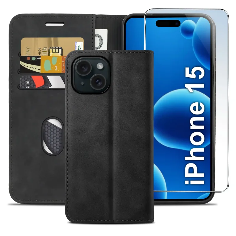 Czarne etui z klapką do iPhone 15 z trzema kieszonkami na karty, przegrodą na banknoty oraz szkłem hartowanym na ekran