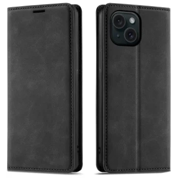 Etui do iPhone 15 z klapką skórzane Velvet czarne ze szkłem