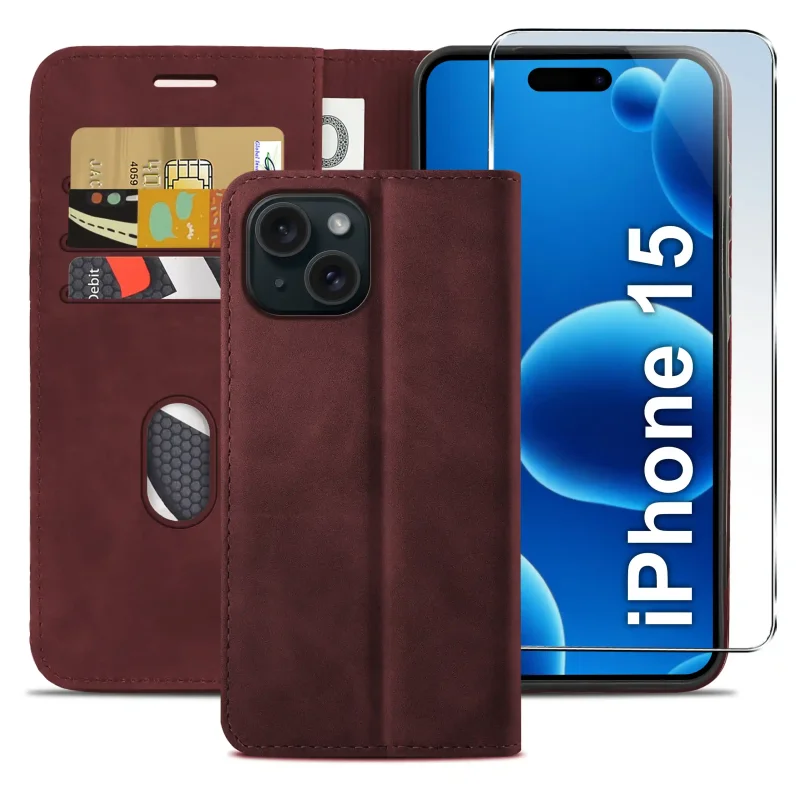 Bordowe etui z klapką do iPhone 15 z trzema kieszonkami na karty, przegrodą na banknoty oraz szkłem hartowanym na ekran