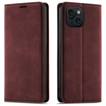 Etui do iPhone 15 z klapką skórzane Velvet bordowe ze szkłem