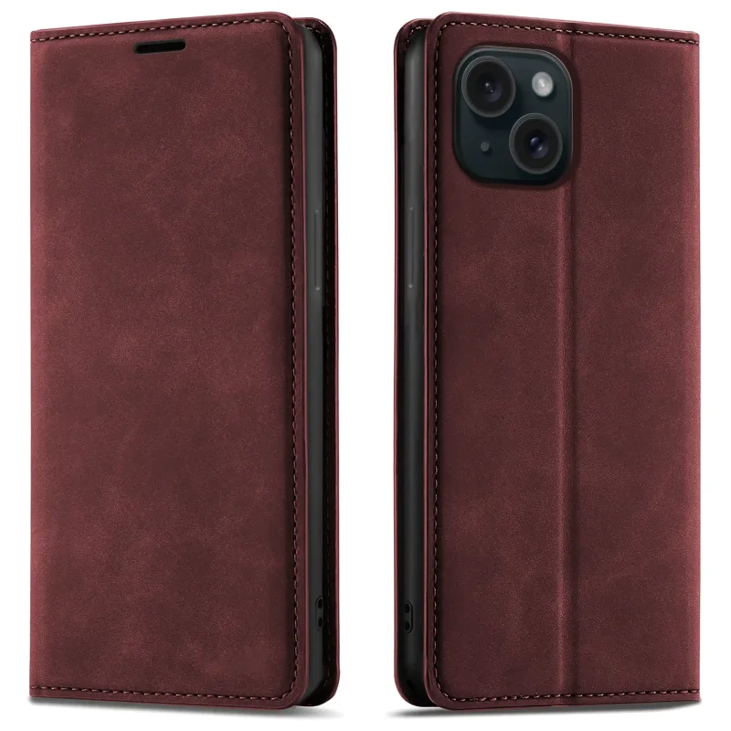Bordowe etui z klapką Velvet do iPhone 15 pokazane z przodu i z tyłu, z wycięciem na aparat oraz zamykaną konstrukcją