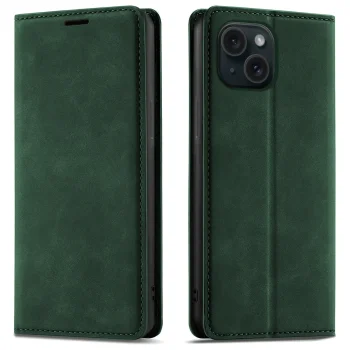Etui do iPhone 15 z klapką skórzane Velvet zielone ze szkłem
