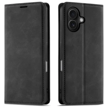 Etui do iPhone 16 z klapką skórzane Velvet czarne ze szkłem
