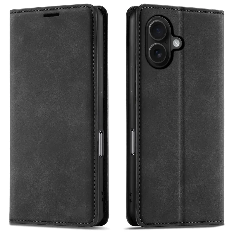 Czarne etui z klapką Velvet do iPhone 16 pokazane z przodu i z tyłu, z wycięciem na aparat oraz zamykaną konstrukcją