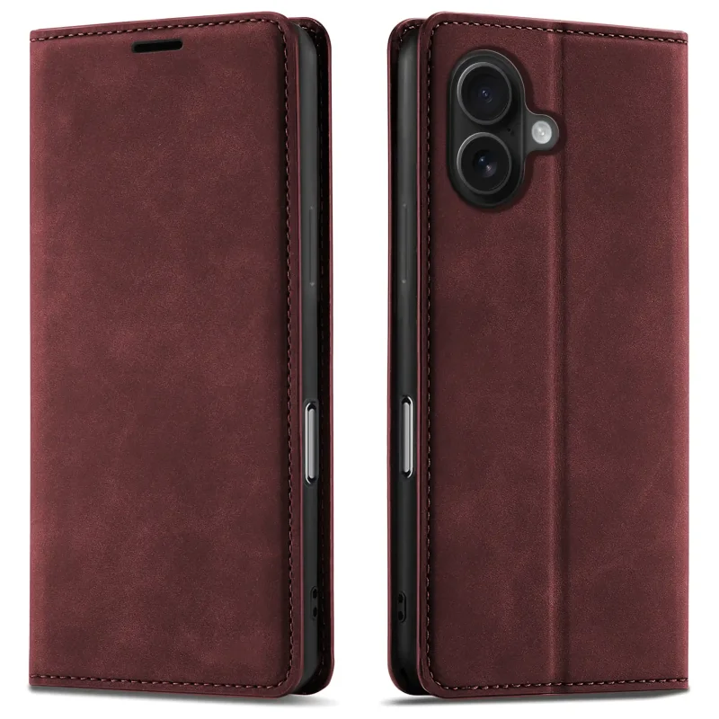 Bordowe etui z klapką Velvet do iPhone 16 pokazane z przodu i z tyłu, z wycięciem na aparat oraz zamykaną konstrukcją