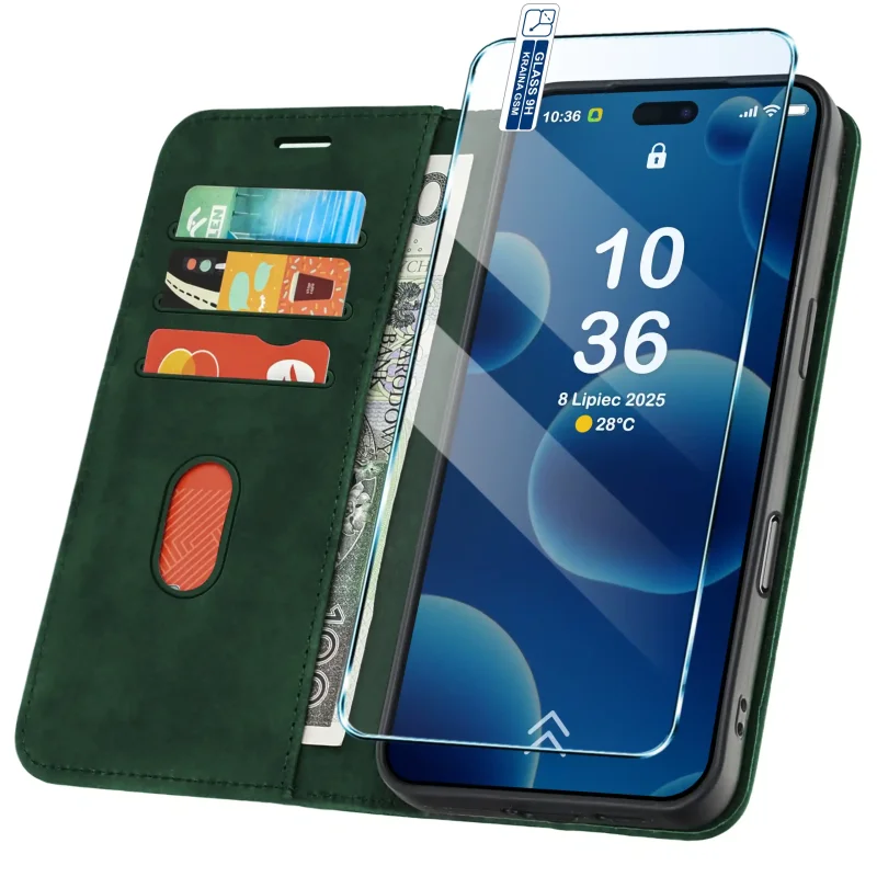 Zielone etui portfelowe Velvet do iPhone 16 z kieszonkami na karty, przegrodą na banknoty i szkłem hartowanym w zestawie