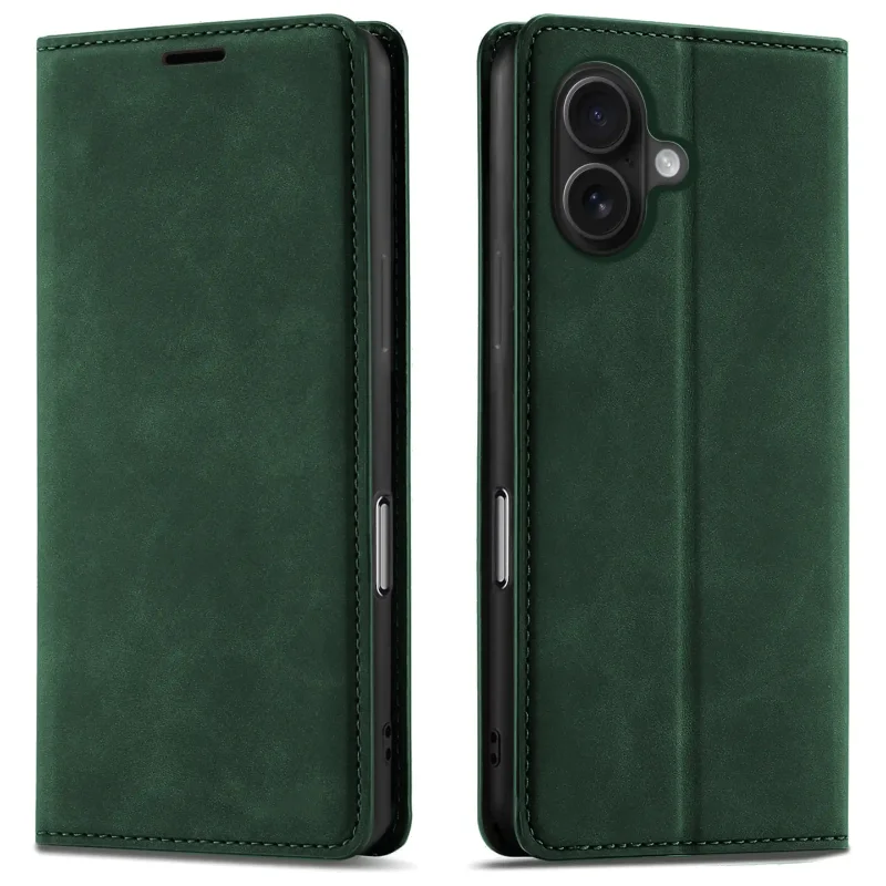 Zielone etui z klapką Velvet do iPhone 16 pokazane z przodu i z tyłu, z wycięciem na aparat oraz zamykaną konstrukcją