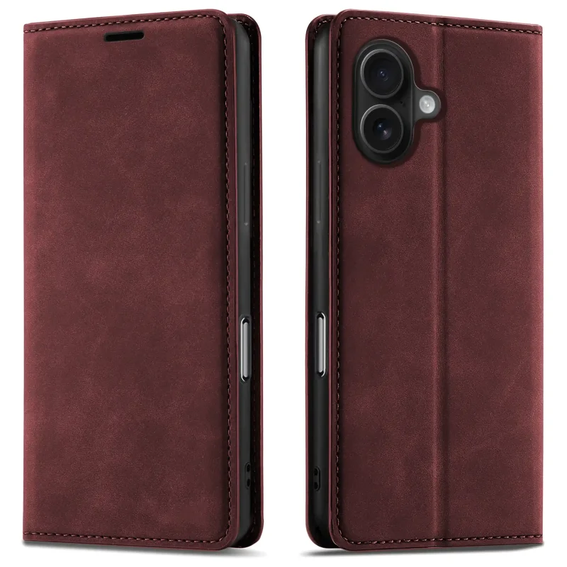 Bordowe etui z klapką Velvet do iPhone 17 pokazane z przodu i z tyłu, z wycięciem na aparat oraz zamykaną konstrukcją