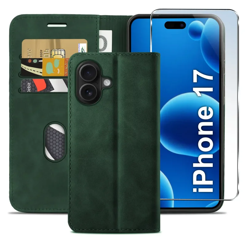Zielone etui z klapką do iPhone 17 z trzema kieszonkami na karty, przegrodą na banknoty oraz szkłem hartowanym na ekran